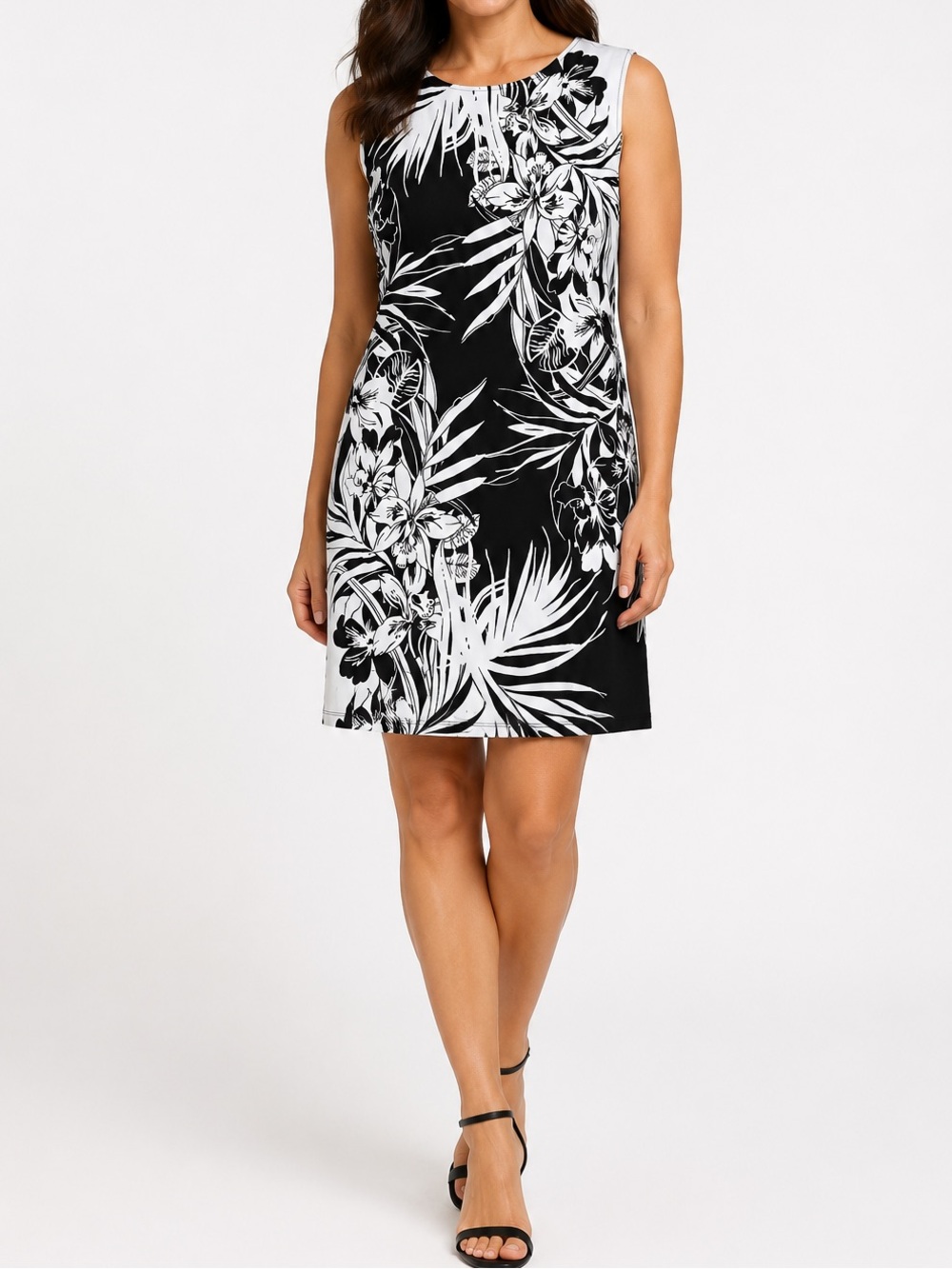 Chico’s Black White Tropical Floral Shift Sheath Dress Sleeveless Stretch Size 2
